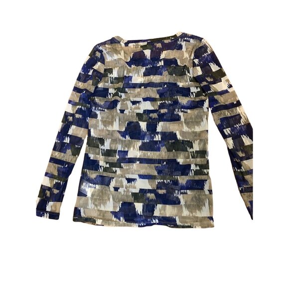 Tribal Womens Long Sleeve Mesh Top M Abstract Print Blue & Tan Lightweight - Picture 3 of 4